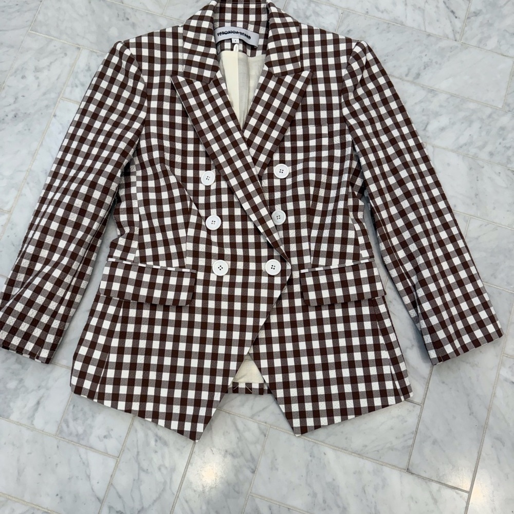 Veronica Beard Brown and White Seersucker Plaid Dickey Double Breasted Blazer 4